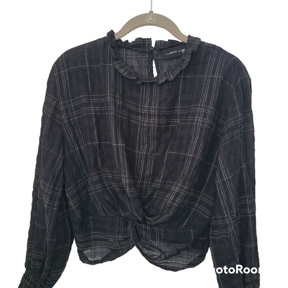 Mustard Seed Top Womens Medium Black Checkered Long Sleeve Sheer Knot Front
